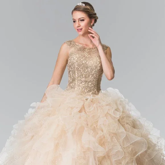 NEW LONG SLEEVELESS MESH BALL GOWN EMBROIDERED WITH RHINESTONES & LACE GL2208